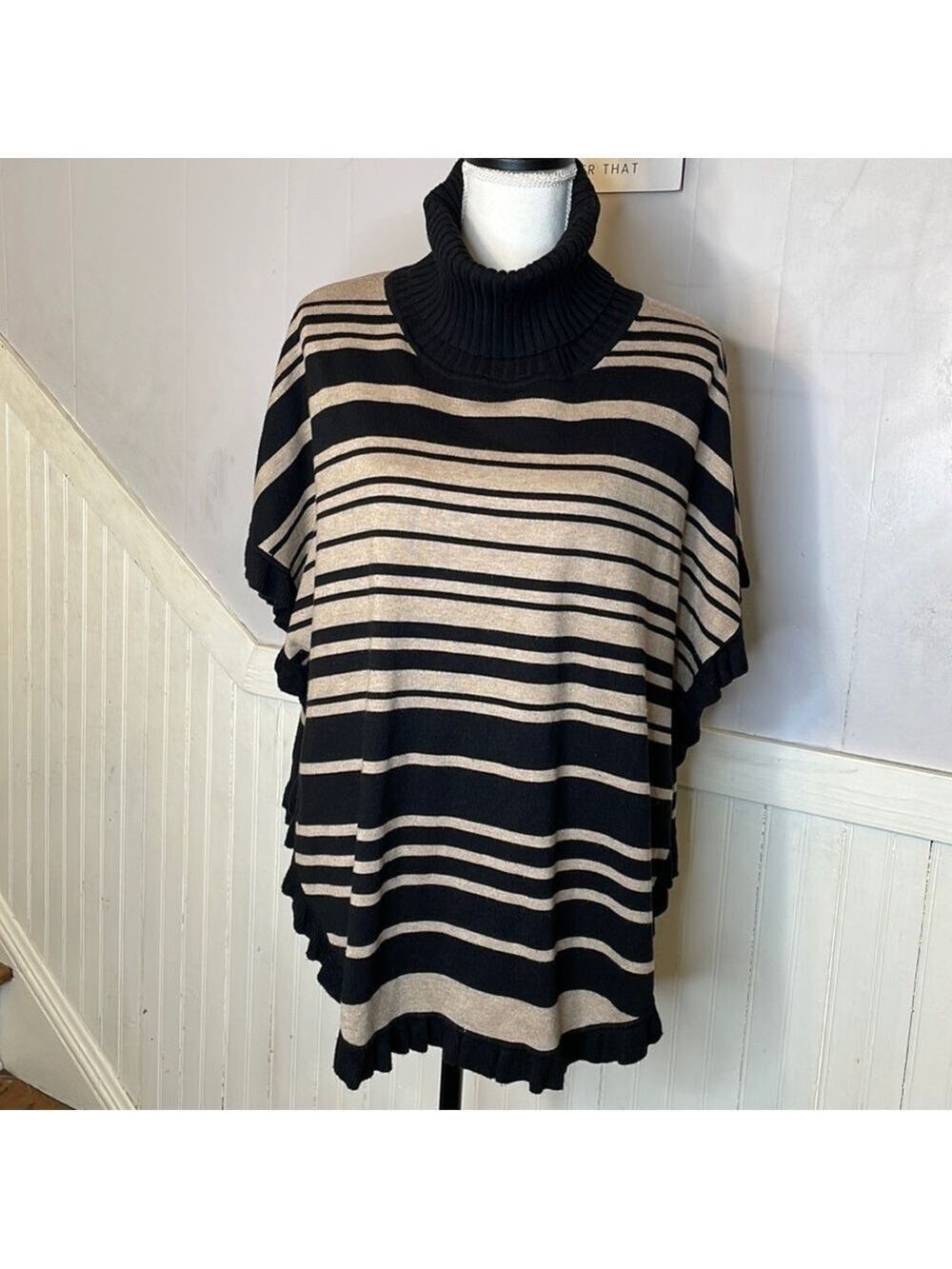 Pullover Poncho cape Turtleneck Sweater Ruffle Hem Black Beige Joseph A Striped